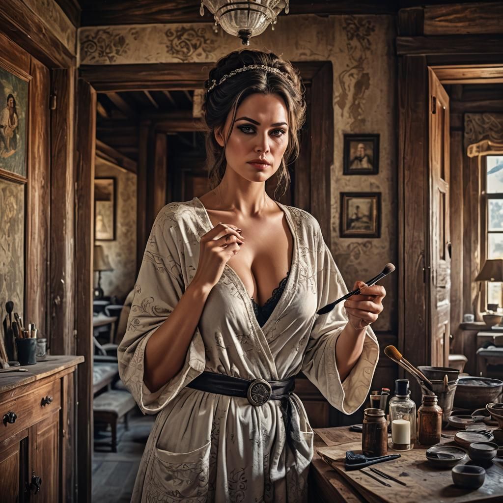 Woman Applying Makeup in Hyperrealistic Detail