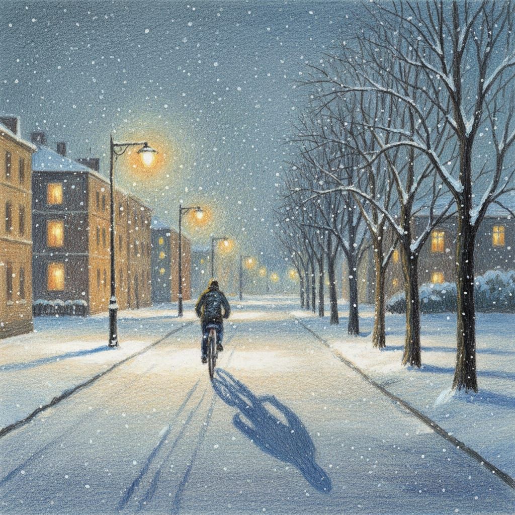 Serene Winter Night Drawn in Colored Pencil