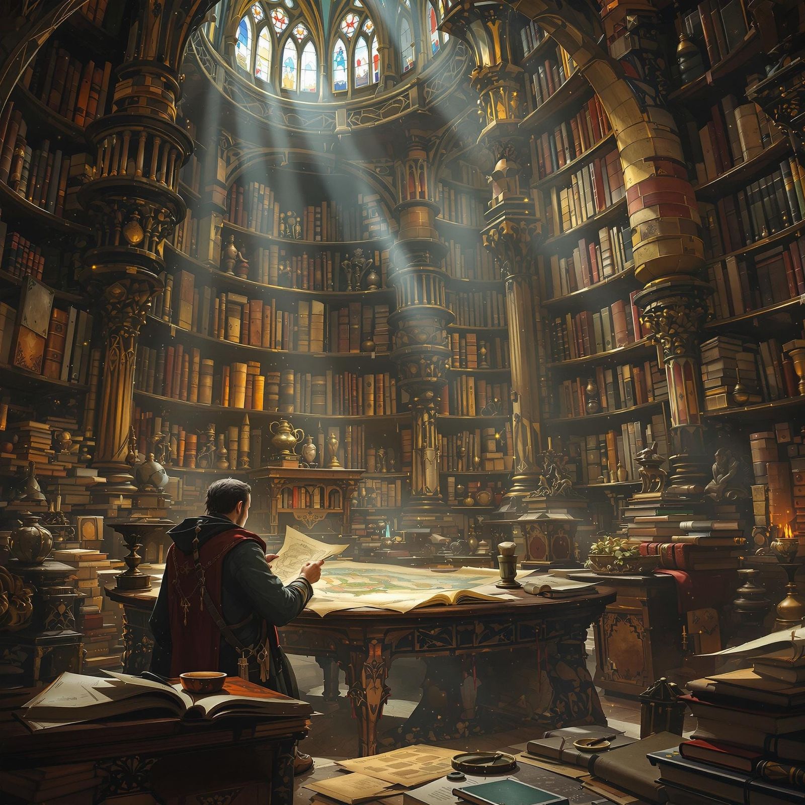 Scholar's Discovery in Grand Library: Fantasy Art