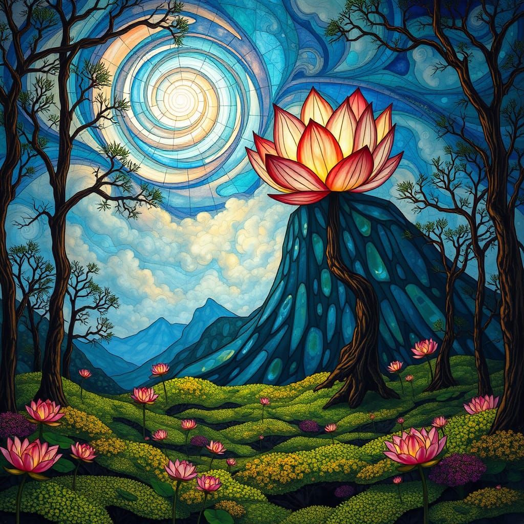 Ethereal Stained Glass Forest with Swirling Nebulae