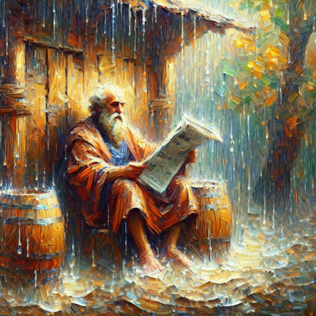 Diogenes in Barrel: Impasto Painting with Oriental Warmth