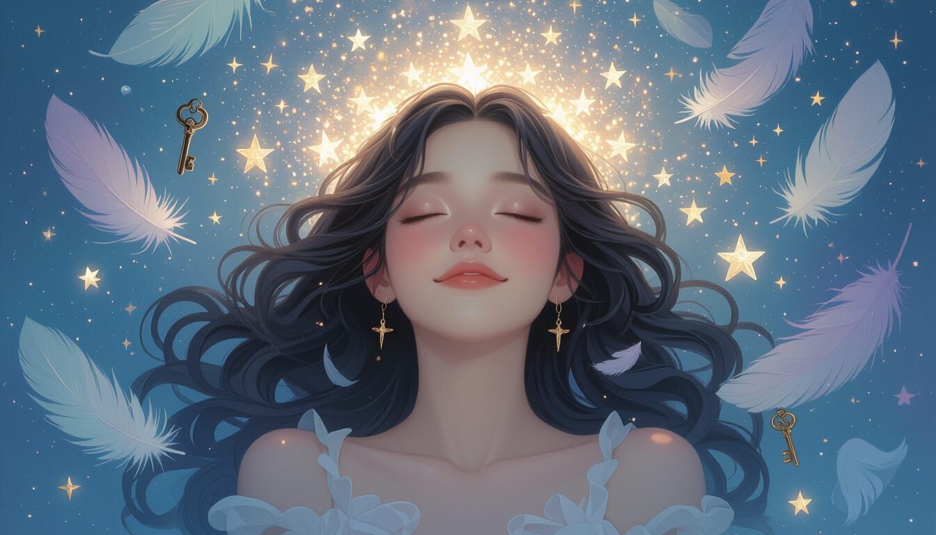 Dreamy Portrait with Floating Symbols in Ethereal Style
