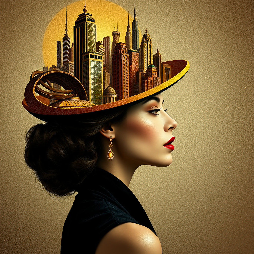 Surreal Cityscape Hat on Elegant Woman in Klimt Style