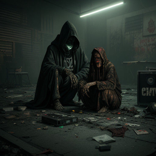 Cyberpunk Figure in Neon-Lit Post-Apocalyptic Warehouse