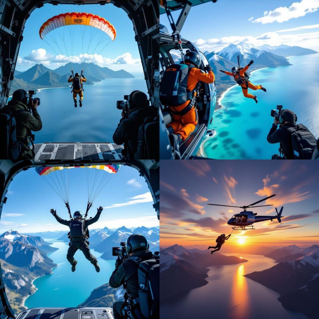 Man Skydiving Near Mountains and Sea with Filming Crew