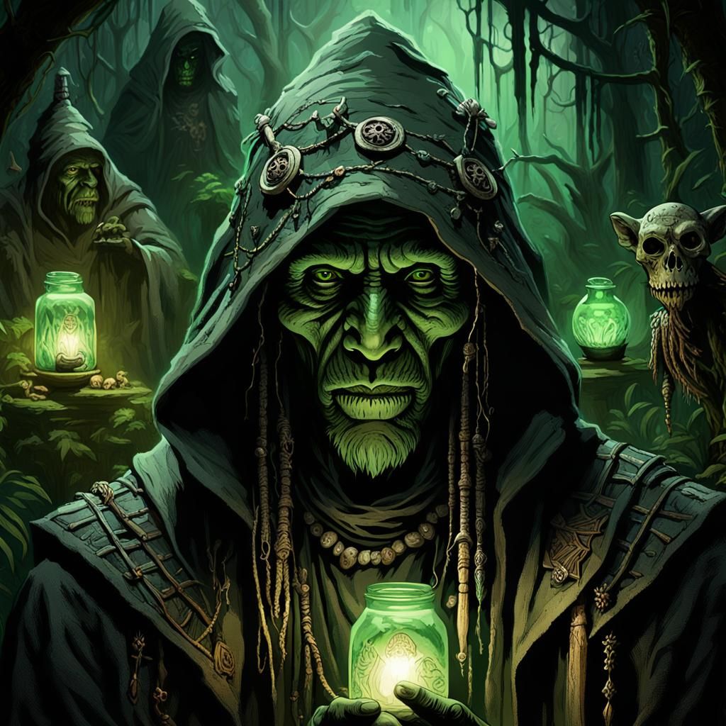 Mystical Witch Doctor in Eerie Surrealism Style