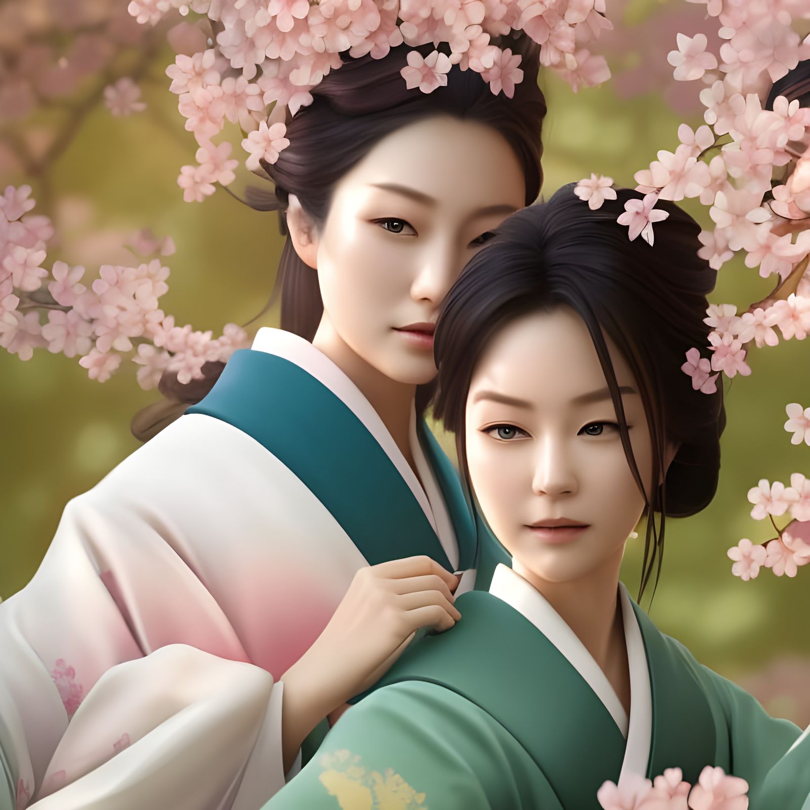 Japanese Women in Kimonos with Sakura and Maple