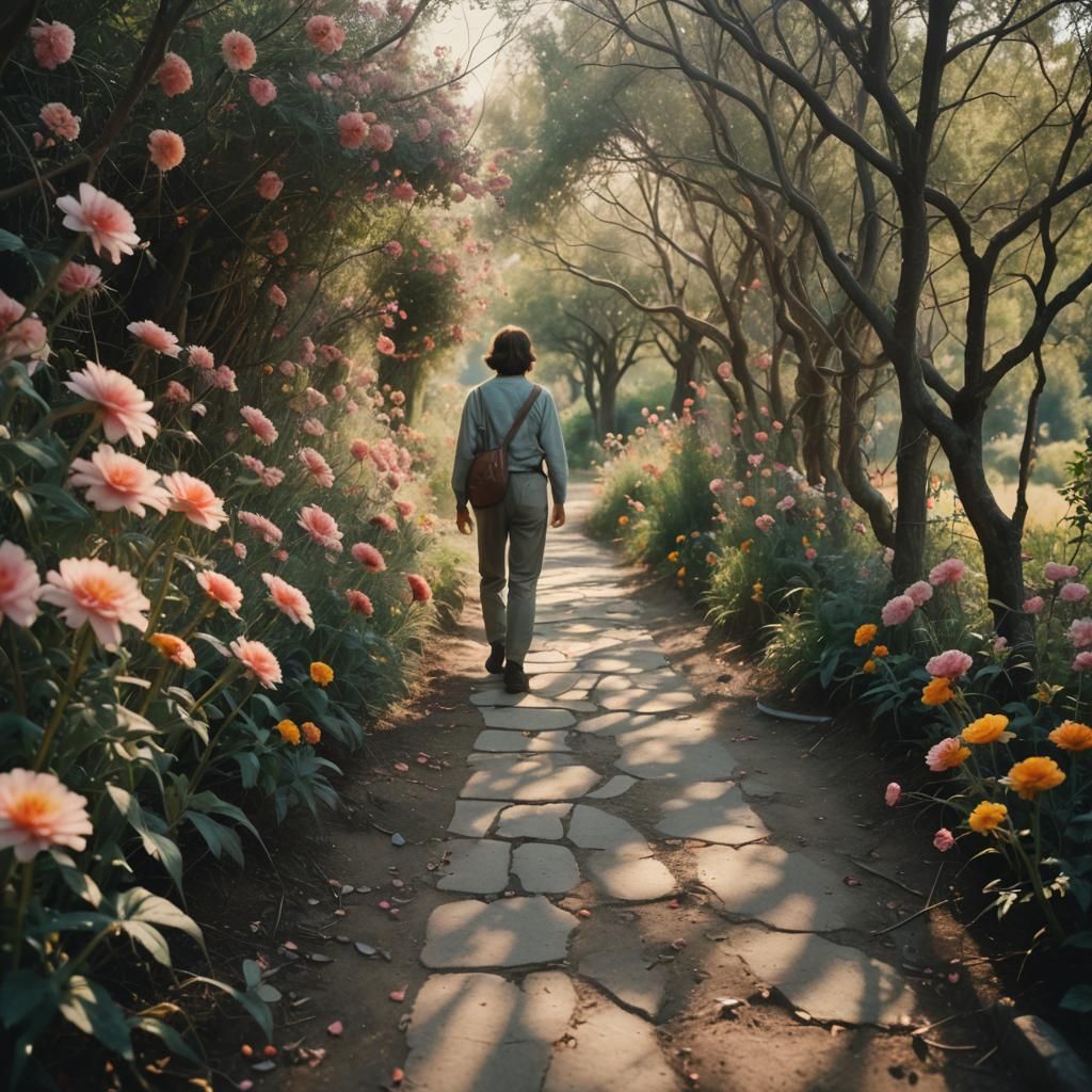 Cinematic Walking Path with Flowers and Webs