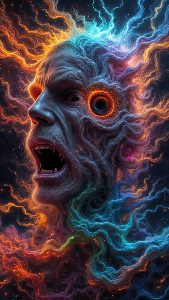 Hyperrealistic Macabre Man in Rainbow Fire, Digital Art