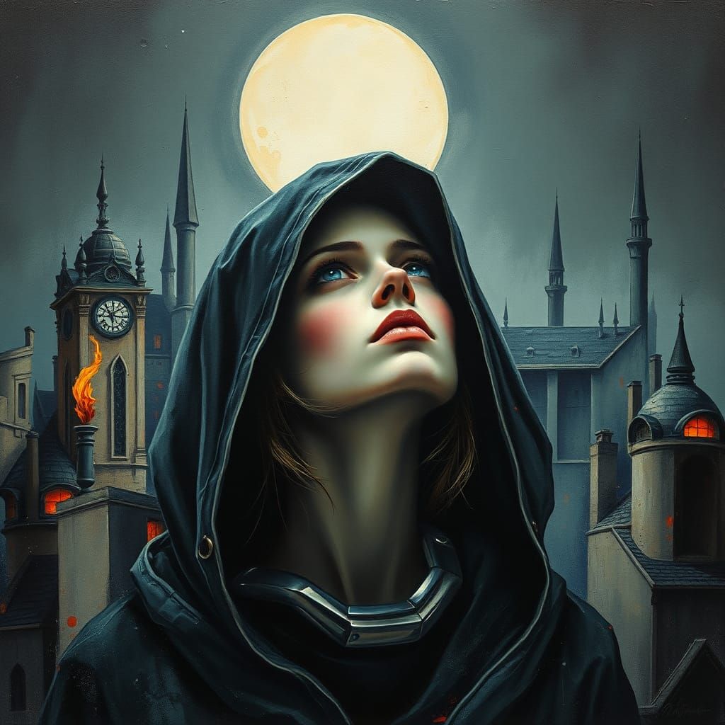 Mystical Hooded Figure in Moonlit Cityscape