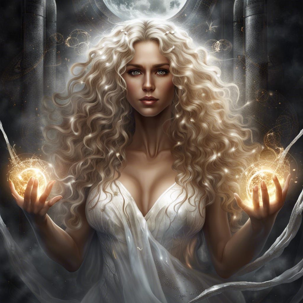 Ethereal Woman Holding Silver Energy in Fantasy Art