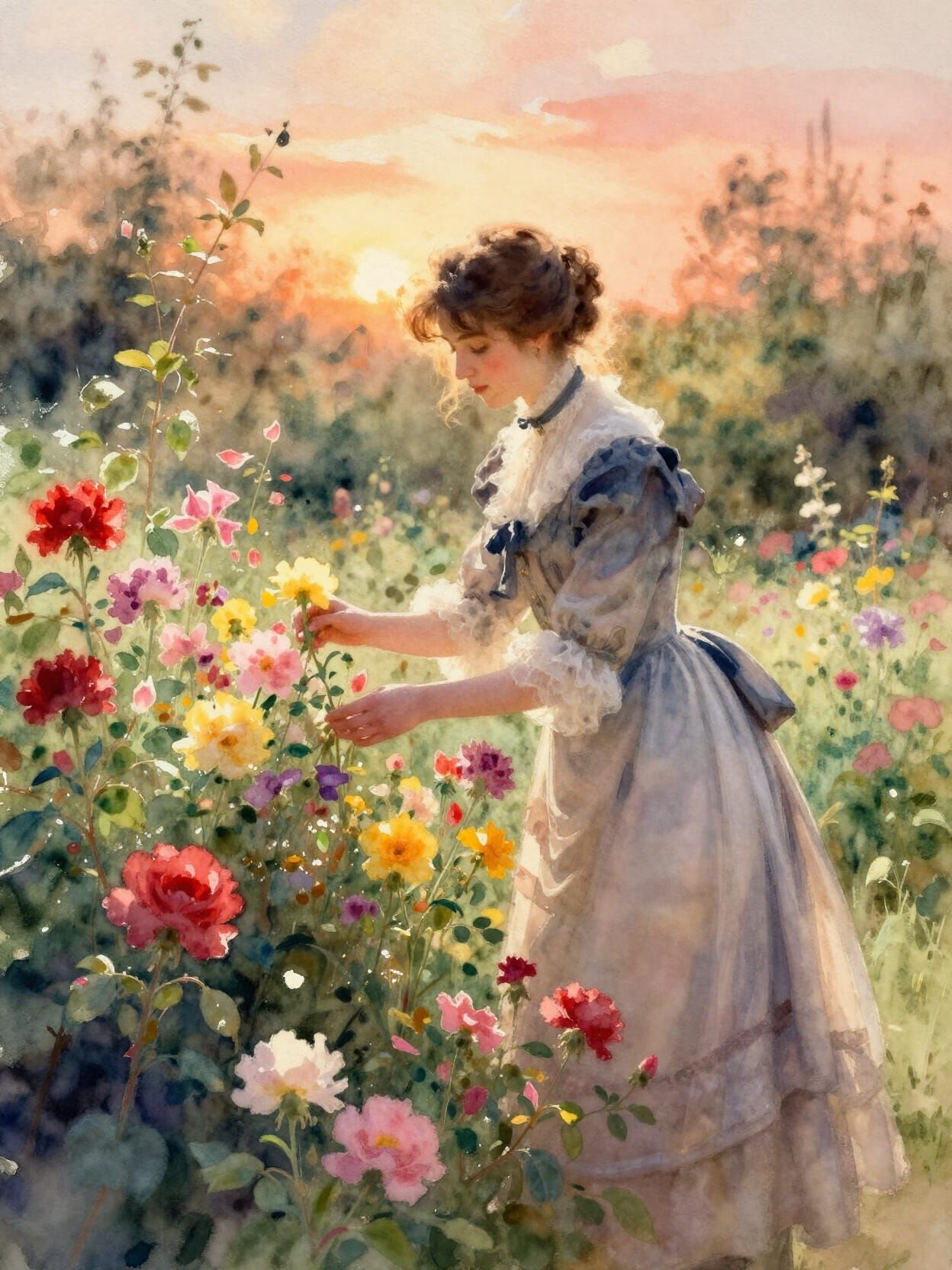 Victorian Woman Tends Lush Garden in Watercolor