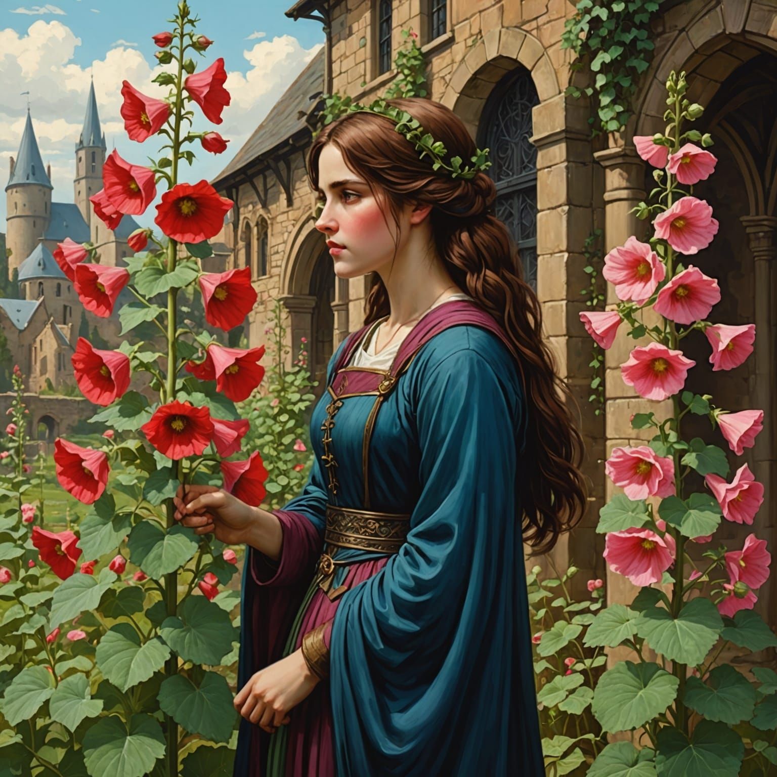 Anime Hollyhocks in Medieval Style