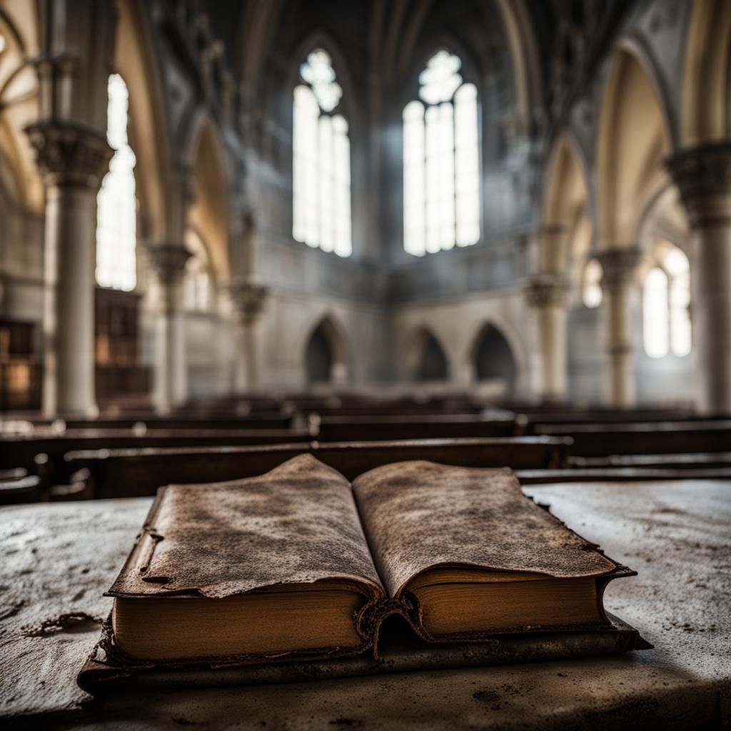 Atmospheric Ancient Book in Deserted Church