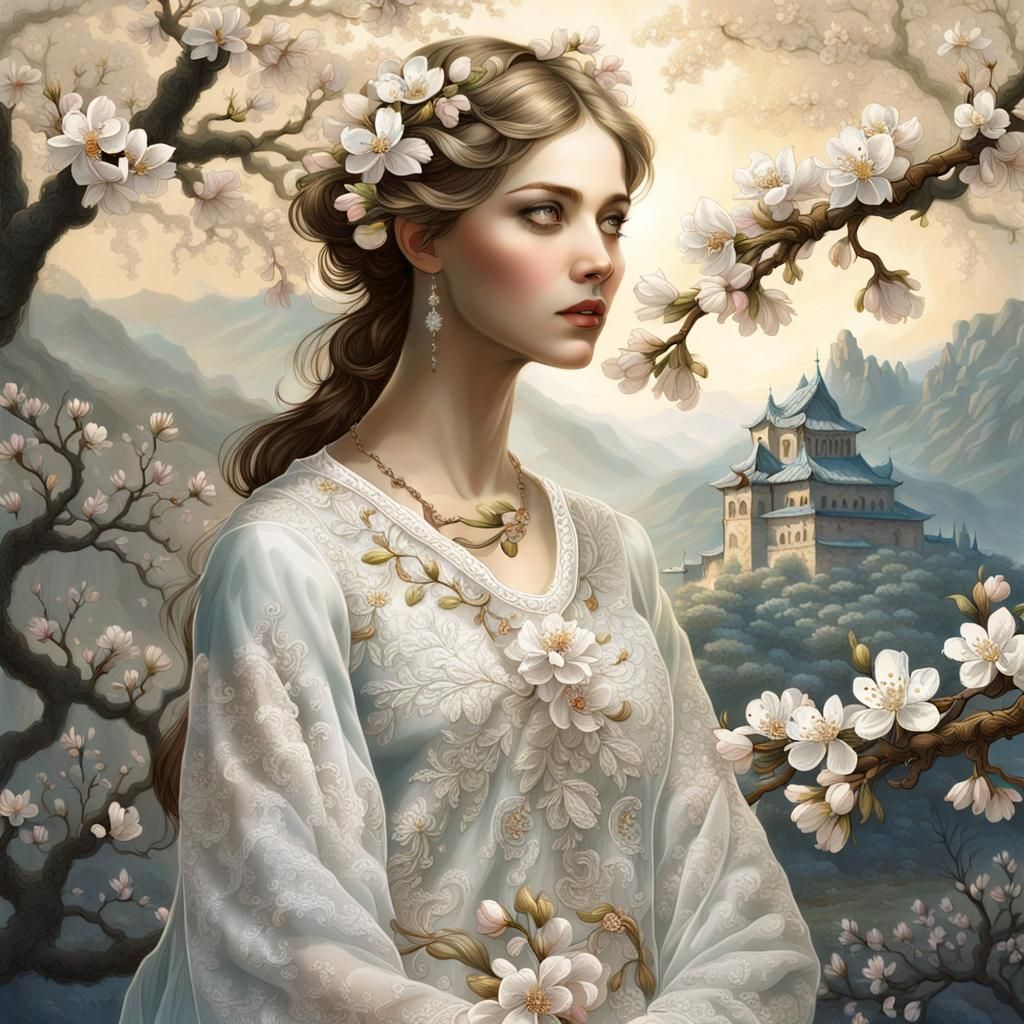 Girl in Blossoms with Intricate Art Nouveau Dress