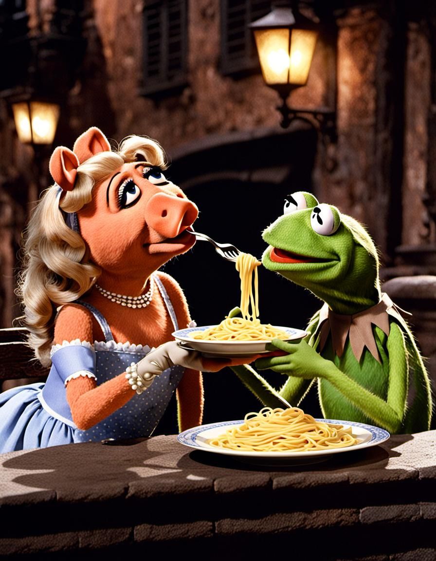 Miss piggy and kermit the frog eating pasta towards eachother at the same romantic location lady and the tramp .