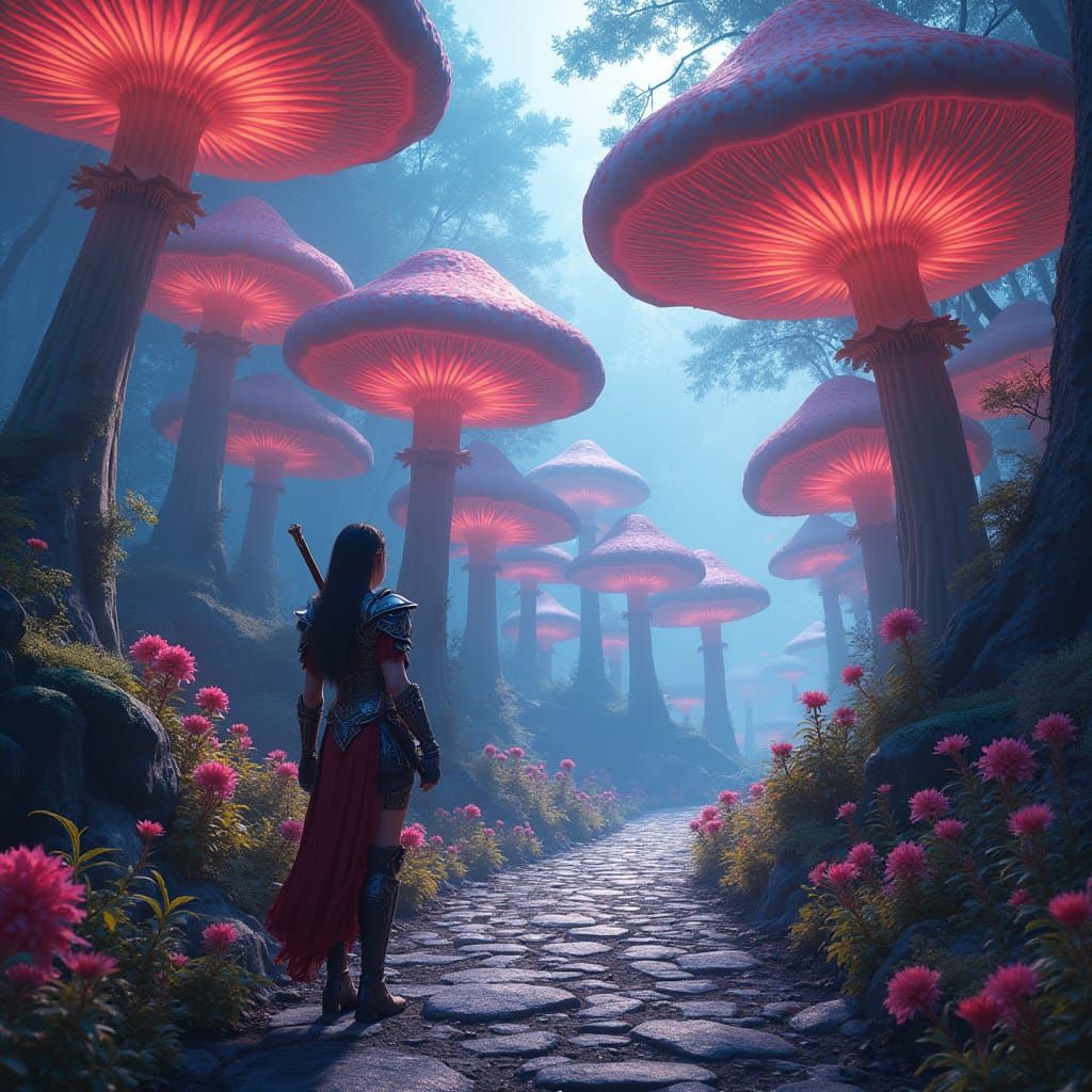 Ethereal Warrior in Luminous Mushroom Realm