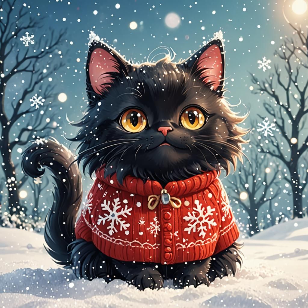Chibi Black Cat in Christmas Jumper: Winter Scene