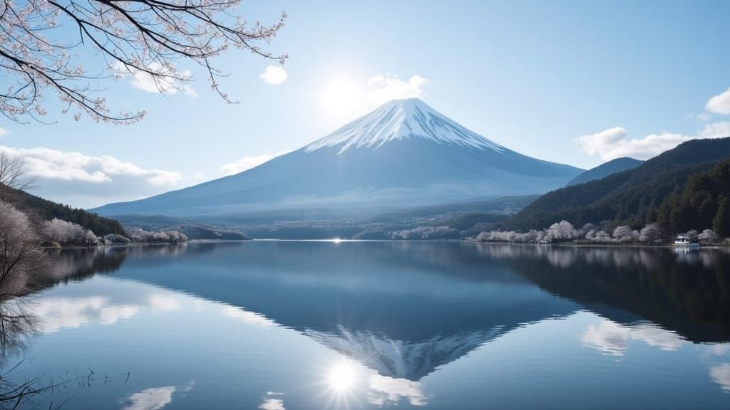 Mount Fuji Over Lake Kawaguchiko in Hyperrealistic Style