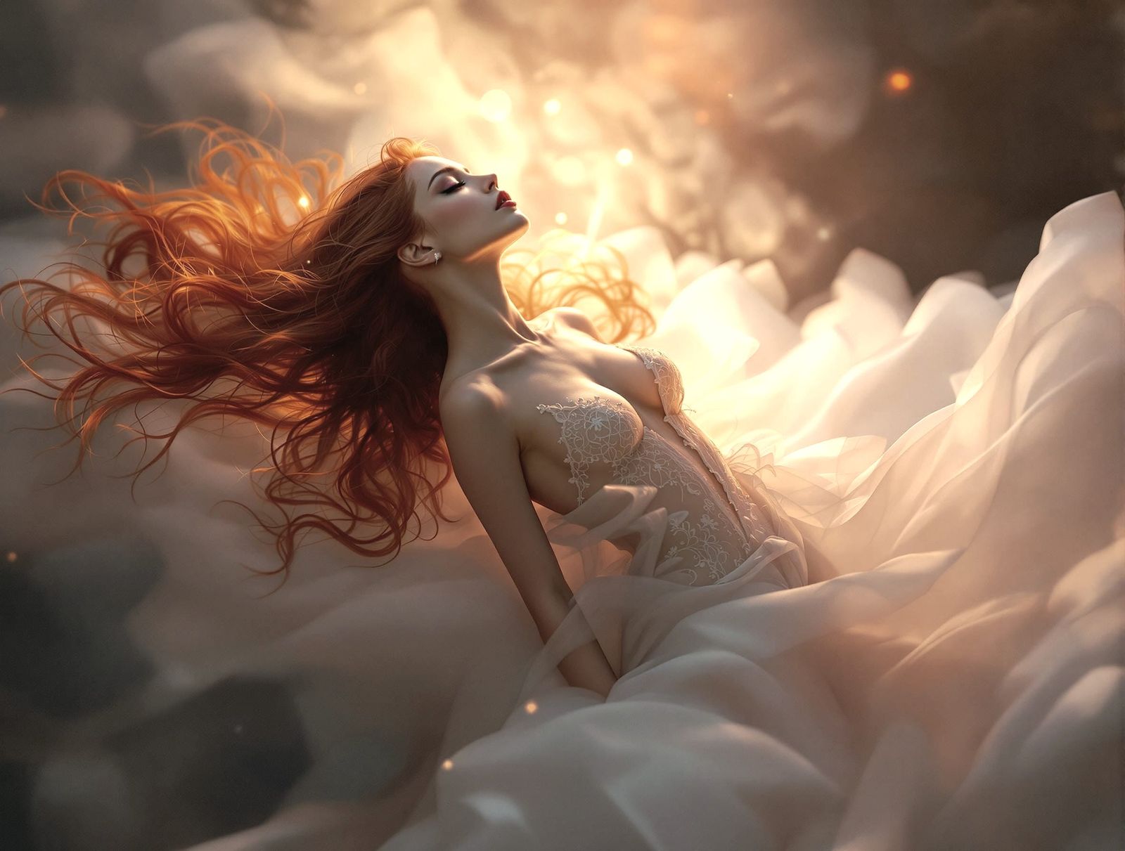 Ethereal Woman Floating in White Fabric