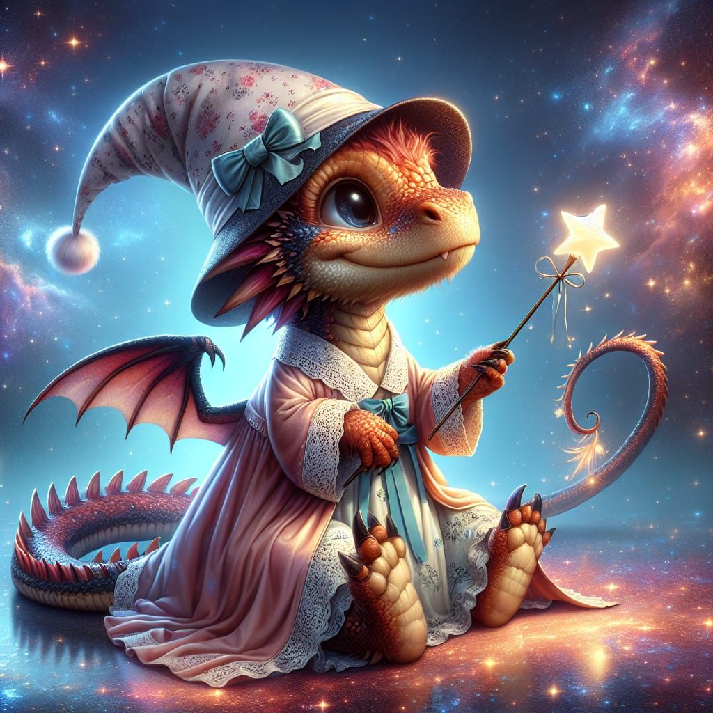 Whimsical Baby Dragon Conjuring Cosmic Magic