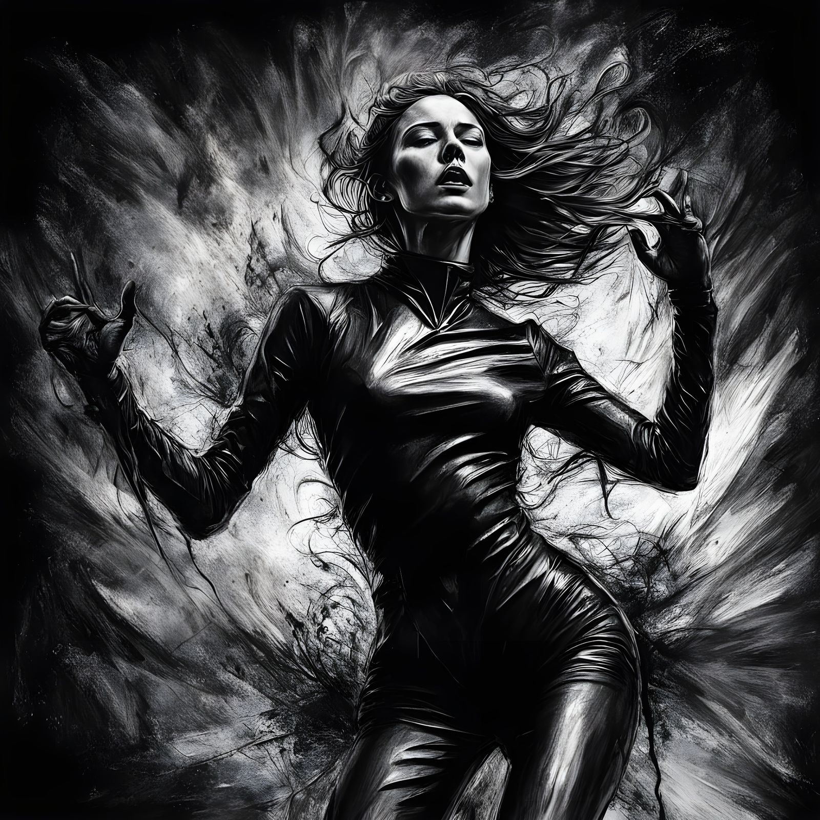 Girl in Red Latex Dancing Under Spotlight in Charcoal Style