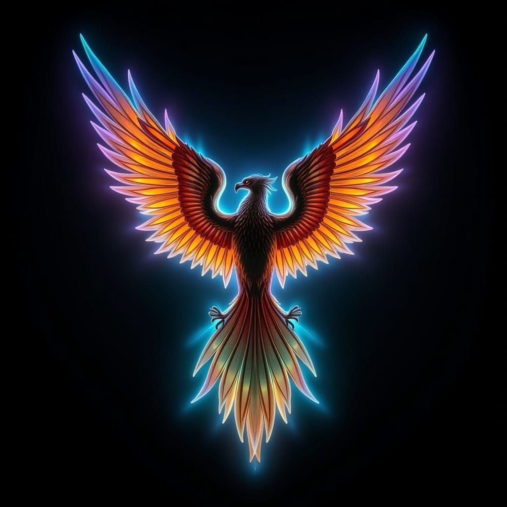 Symmetrical Metallic Phoenix Emblem with Bioluminescent Glow