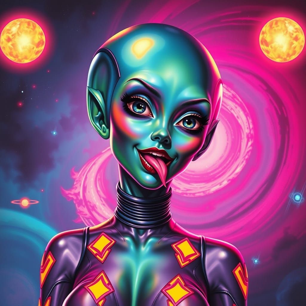 Playful Alien Woman in Retro-Futuristic Concept Art