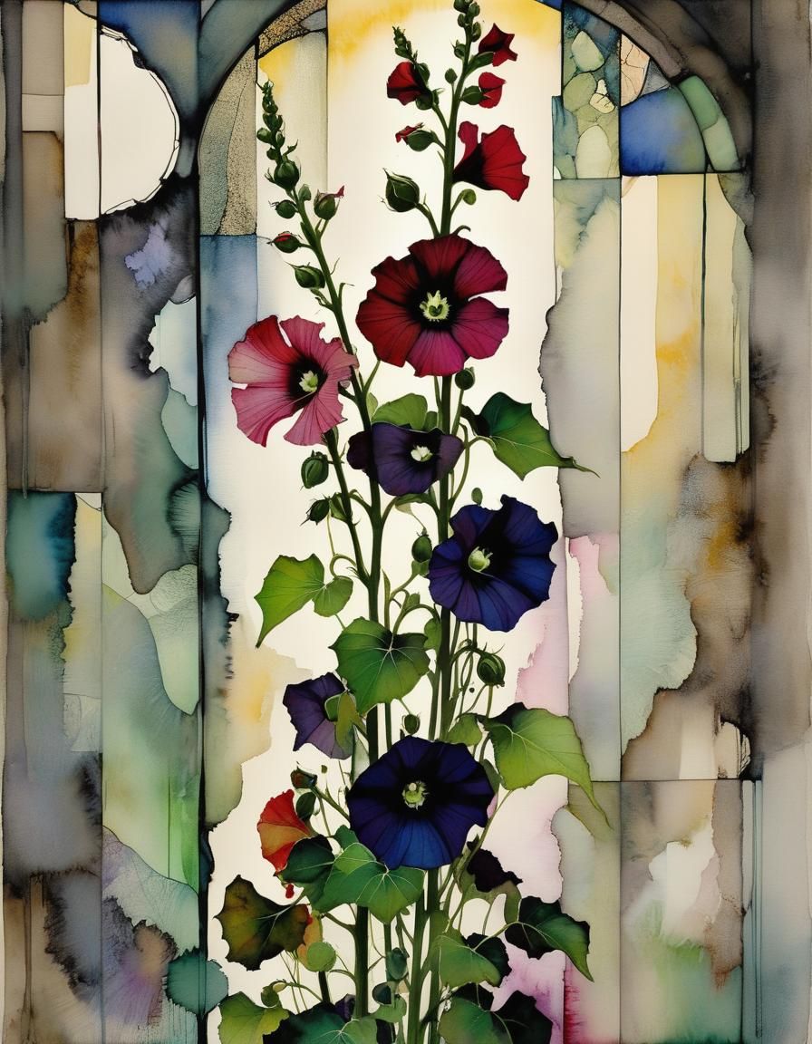 Ethereal Black Hollyhocks and Ghost in Expressionist Style