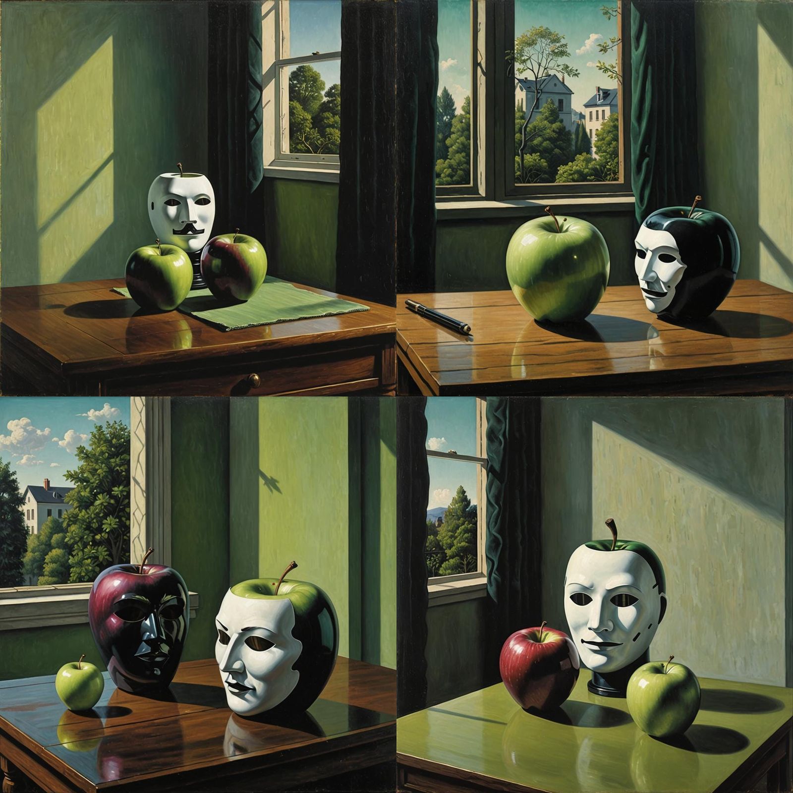 Surreal Apples with Masks in Magritte Style