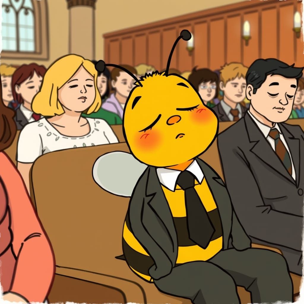 Cartoon Bee Sleeping in Church Pew