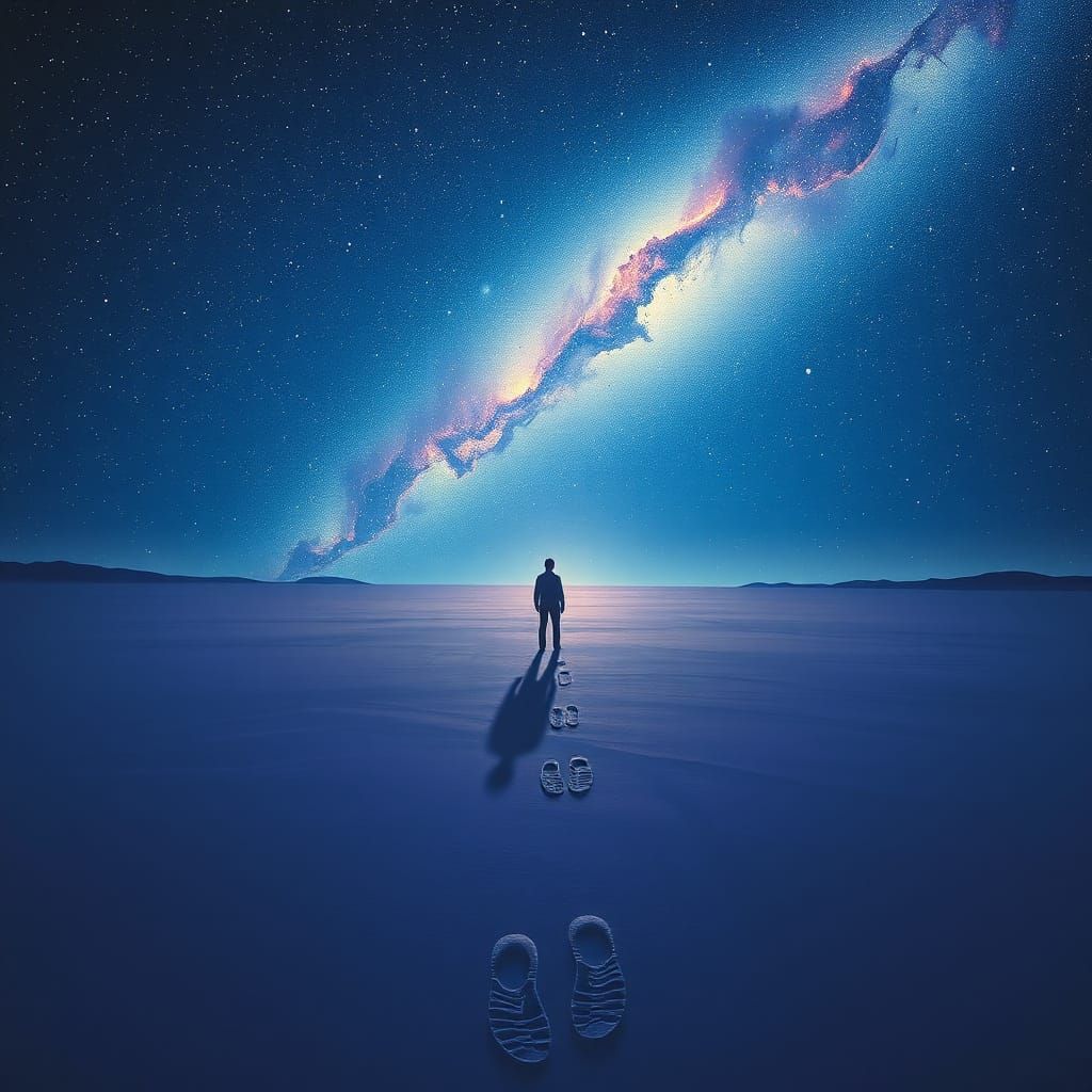 Lone Figure Under Nebula Sky, Surrealist Style