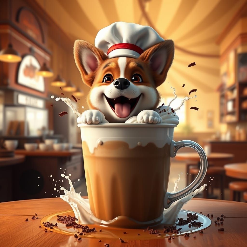 Joyful Coffee Shop Canine in Whimsical 3D Digital Art