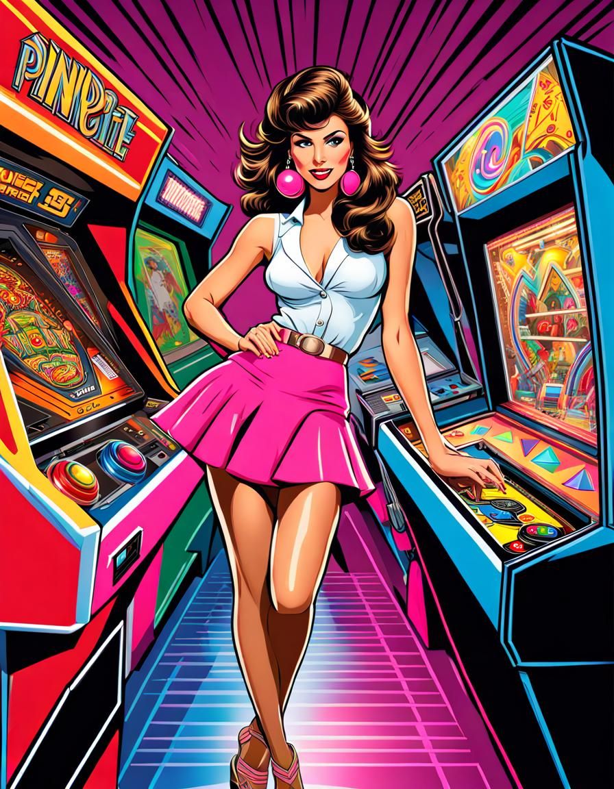 1980s Arcade Pin-Up Girl Playing Pinball