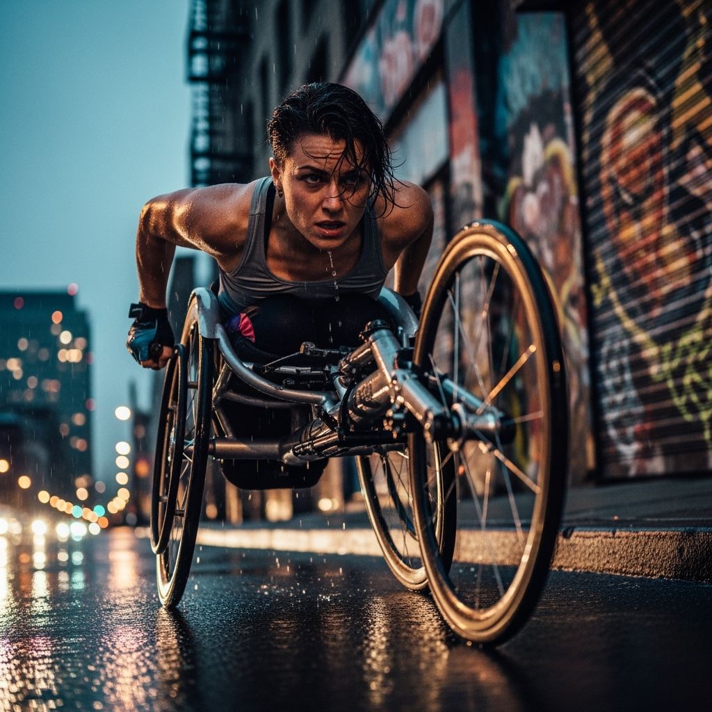 Paraplegic Athlete Trains in Rainy City at Dusk