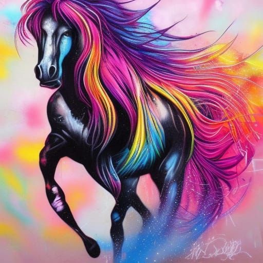 Spirit Black Wild Horse in Colorful Graffiti Art