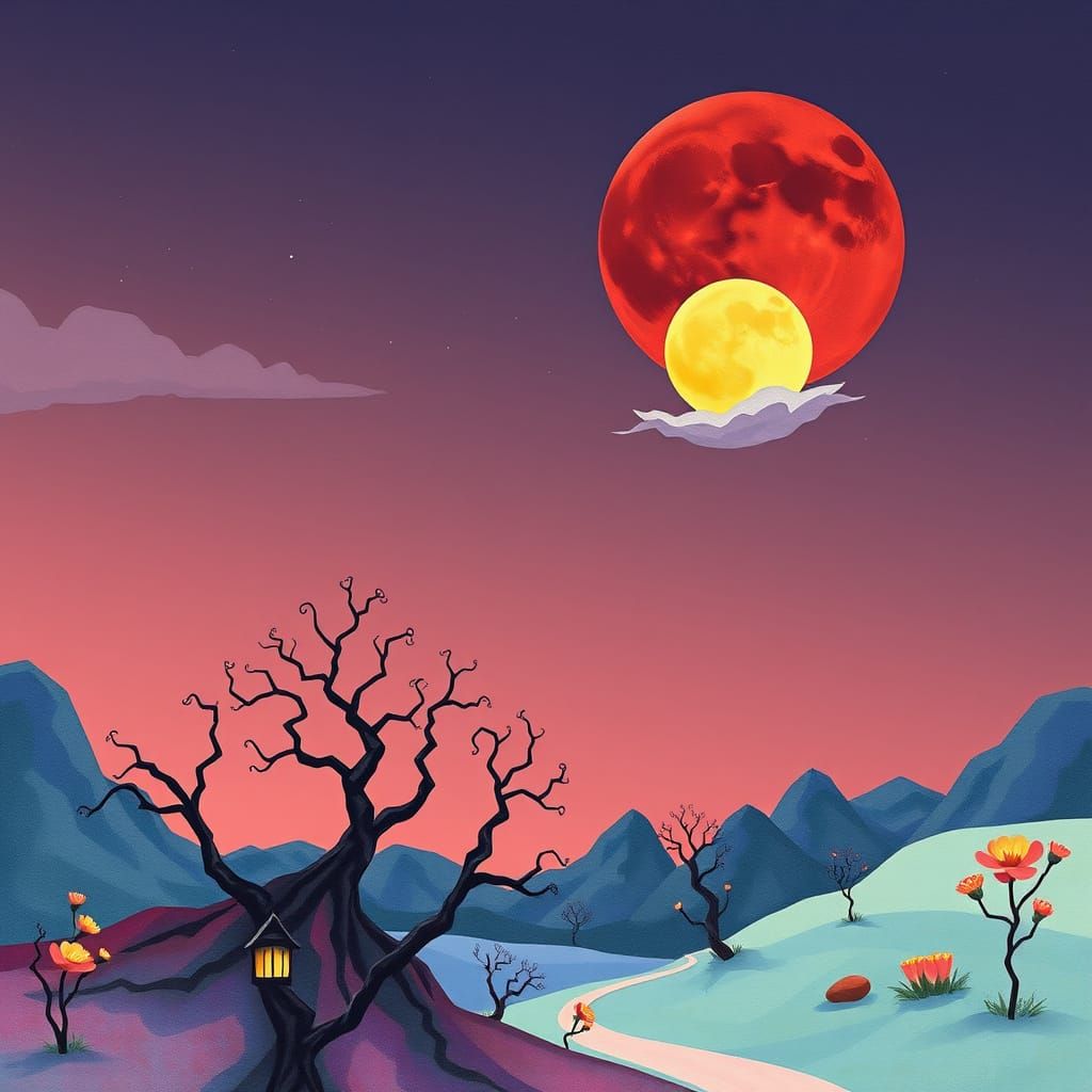 Surreal Nightscape with Geometric Moon and Pastel Sun