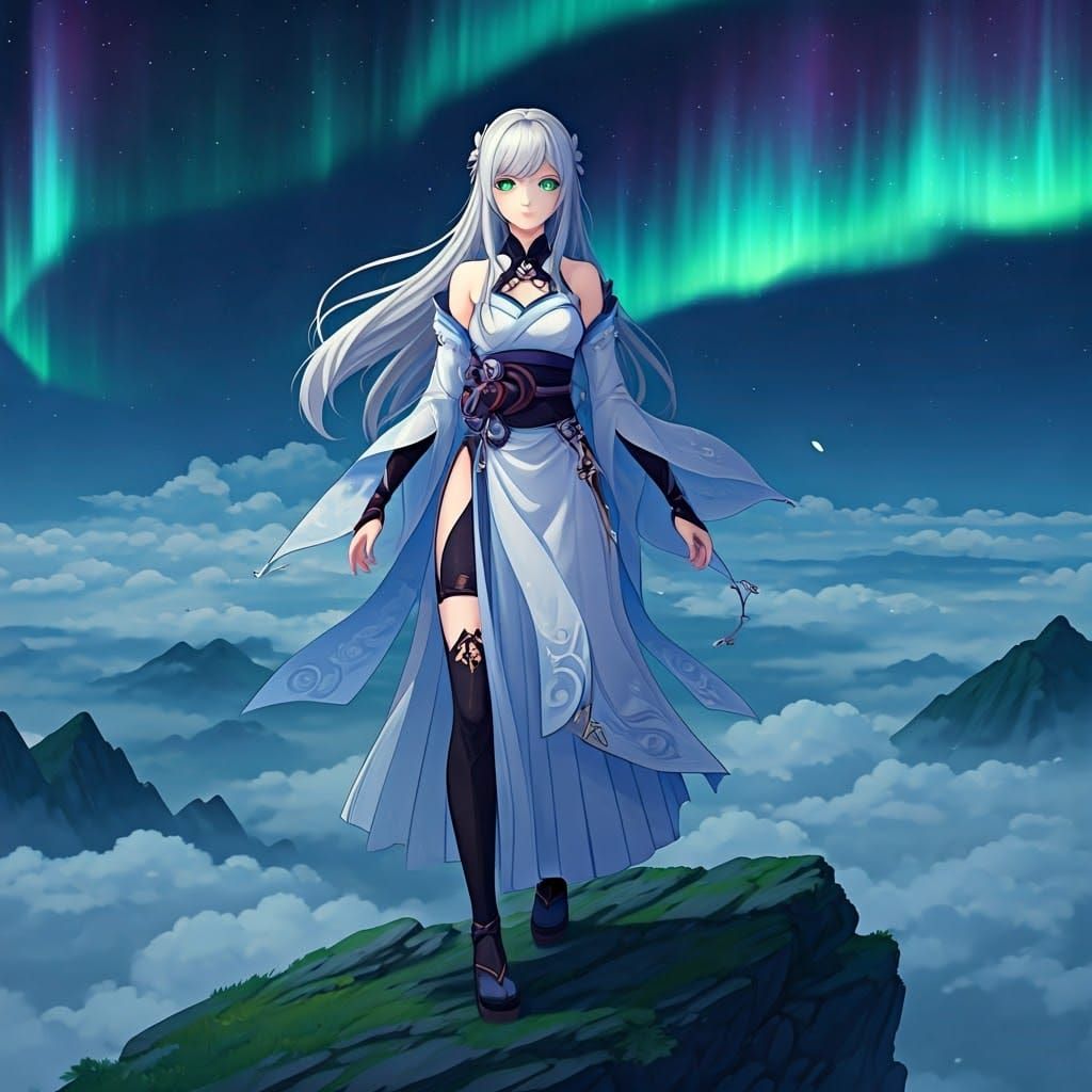 Anime Woman on Mountain Peak in Digital Art Style