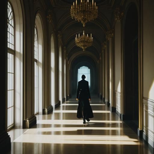 VIP in Ornate Hallway: Cinematic Film Still