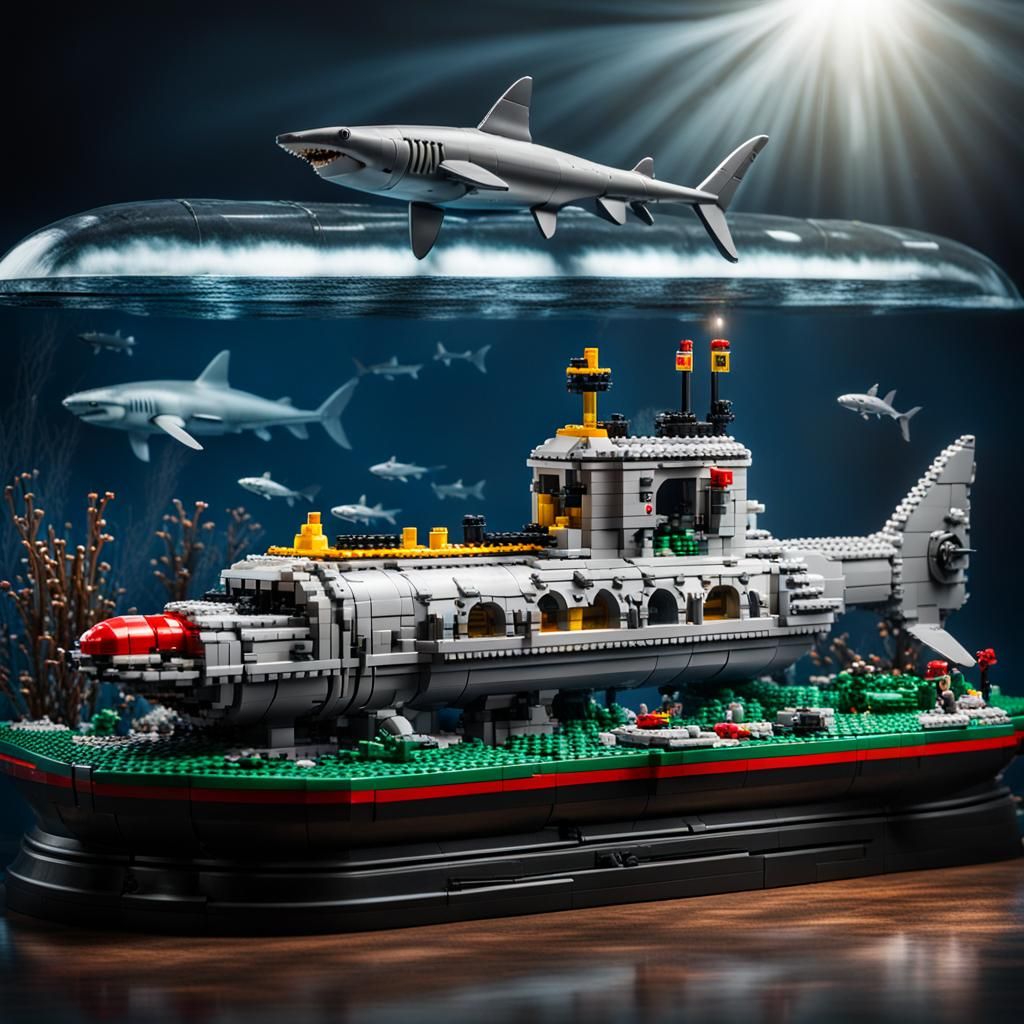 Lego Submarine and Shark: Hyperrealistic Underwater Scene