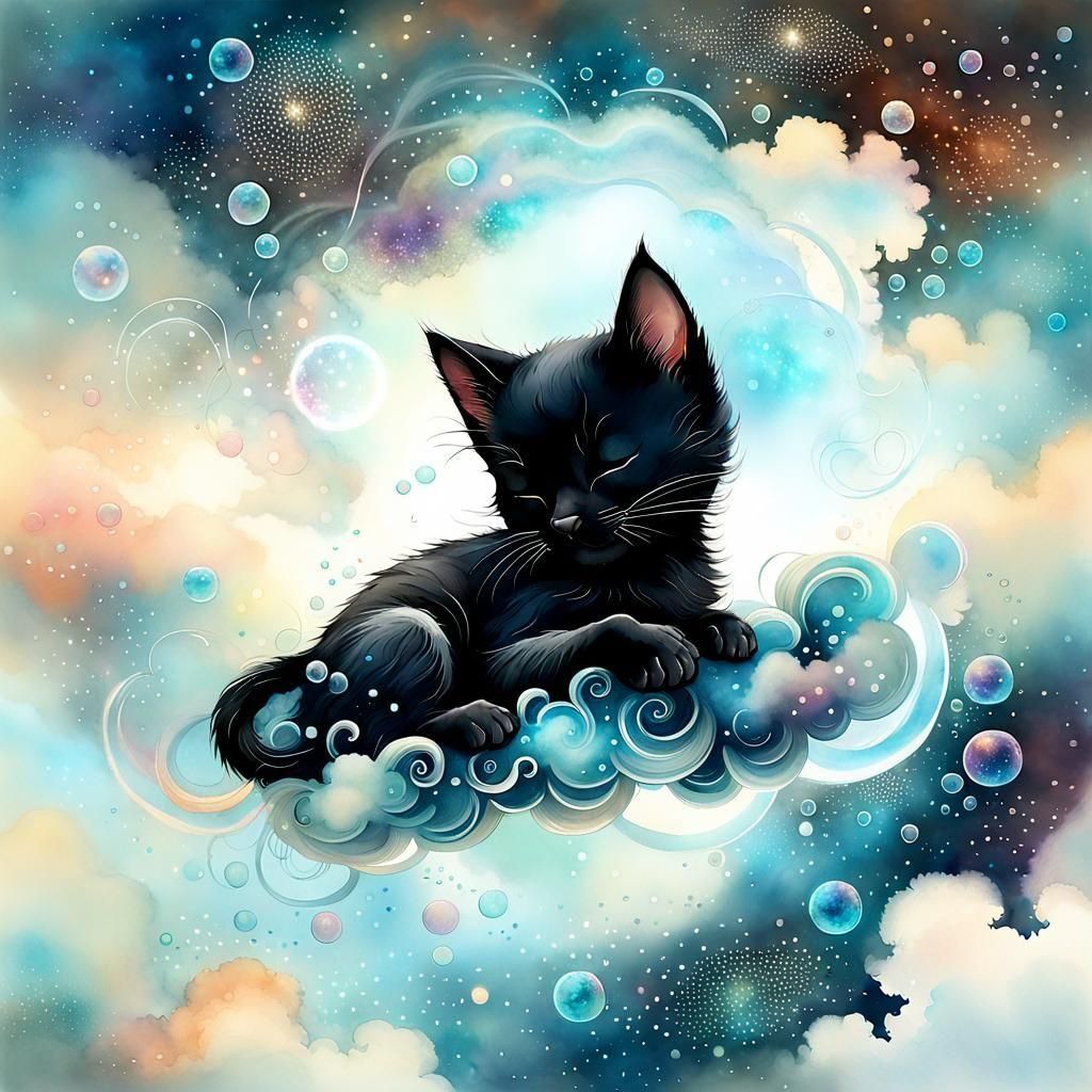 Sleeping Kitten in Galaxy Sky: Digital Watercolor Art