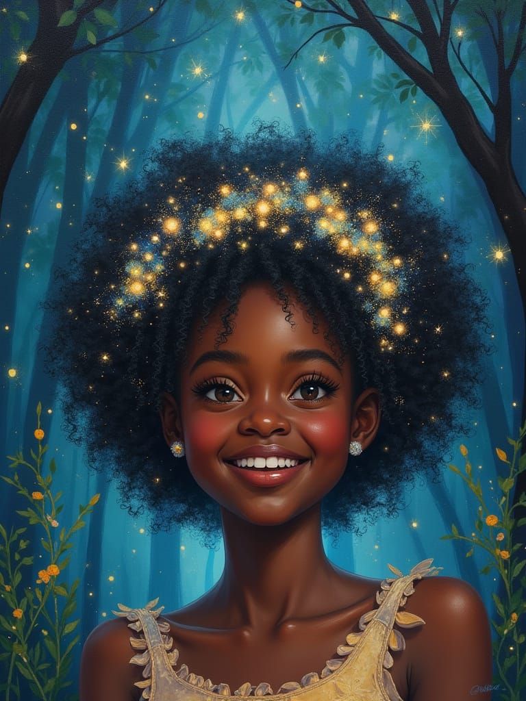 Joyful Girl with Bioluminescent Flower Crown in Stardust Gro...