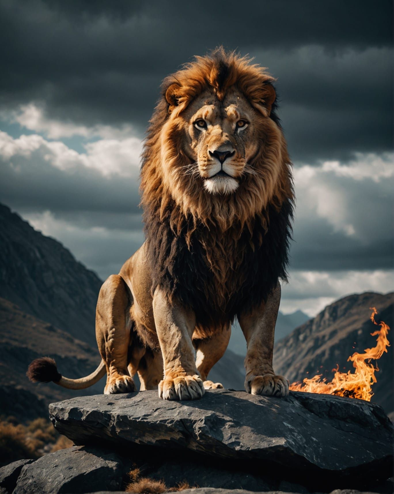 Fiery Lion on Marble Rock: Cinematic Film Still