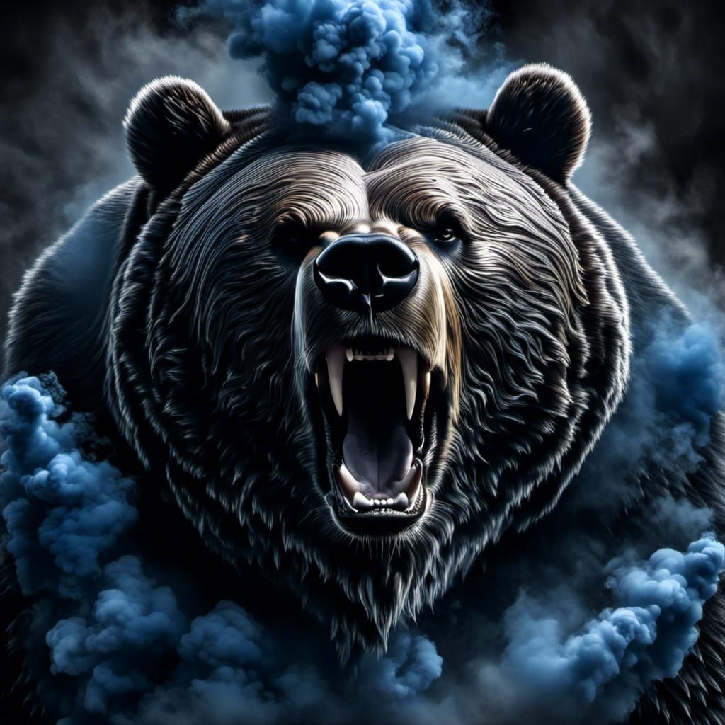 Silver Demon Bear Portrait in Dark Smoke