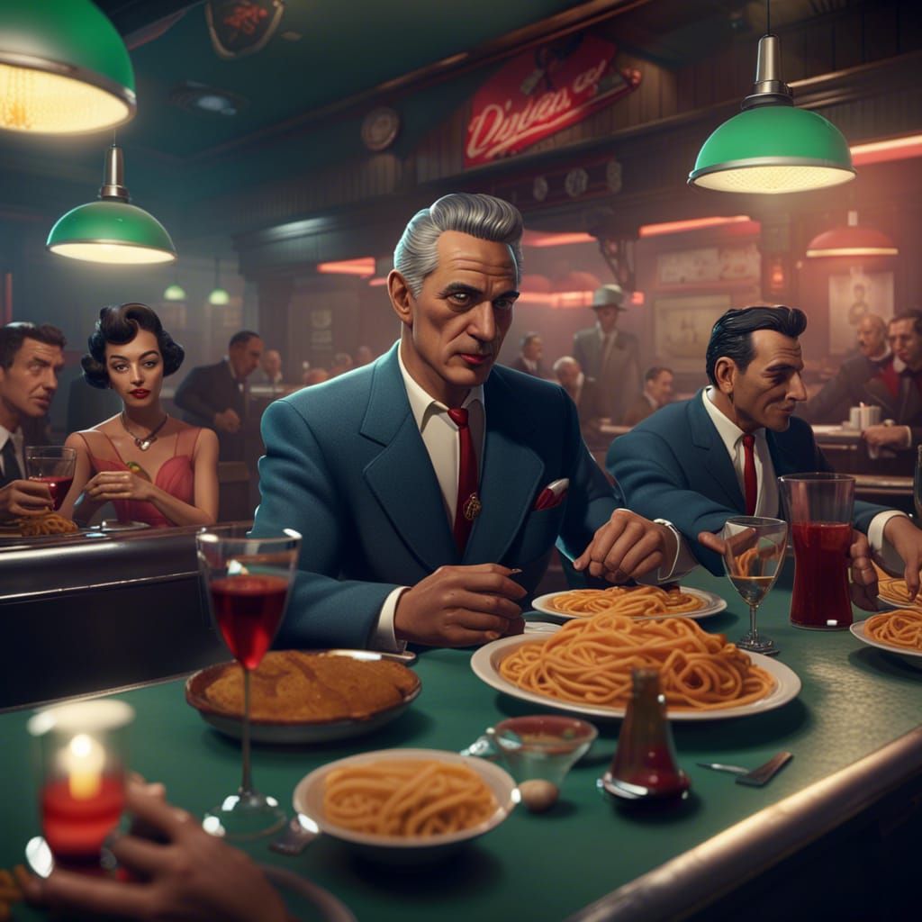 Italian Mafiosos in 1950s Diner, Detailed Matte Painting