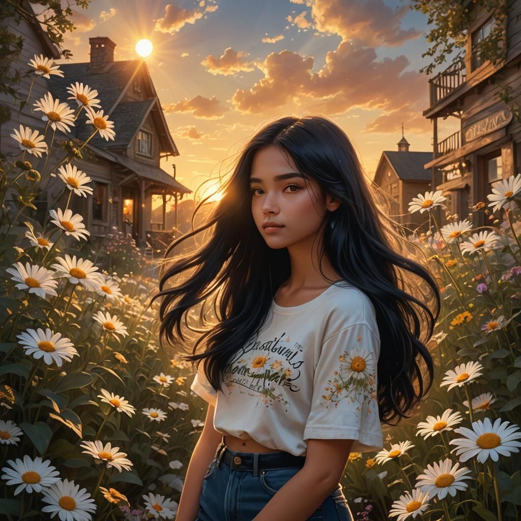 Girl with Daisy: Whimsical Digital Matte Painting