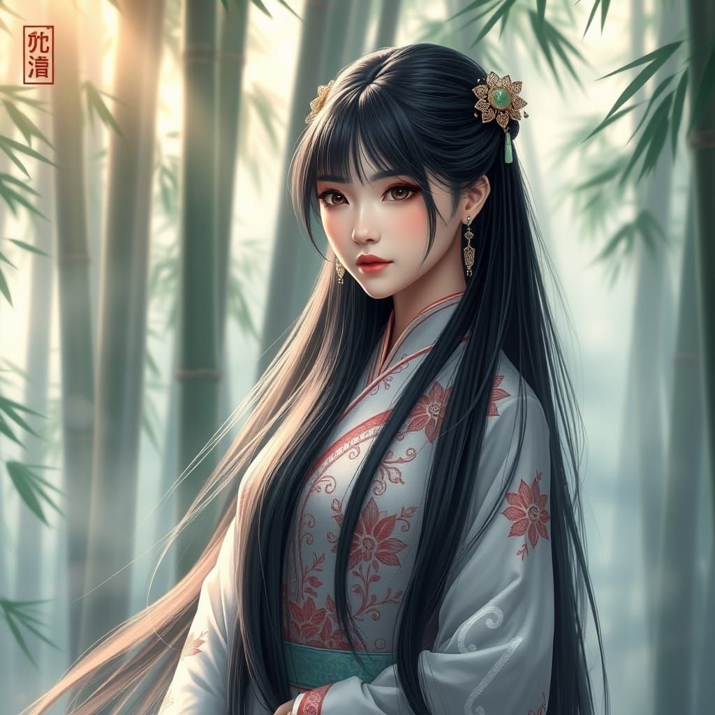 Elegant Chinese Goddess in Bamboo Paradise