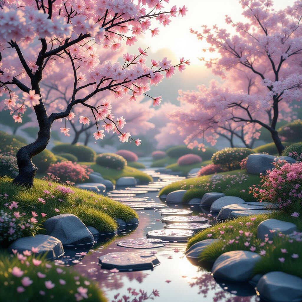 Serene Diamond Sakura Garden at Dawn in Fantasy Art Style