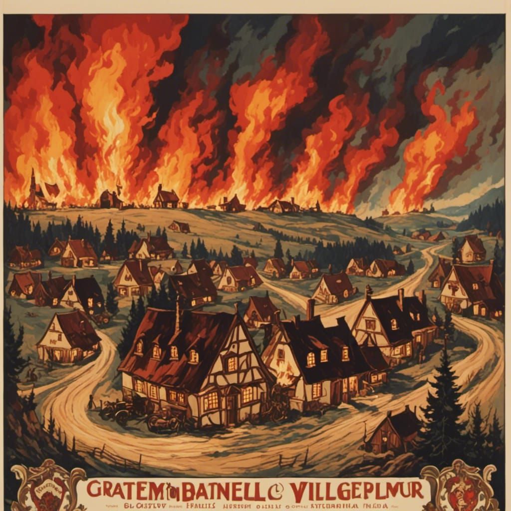 Burning German Village Concert Poster in Retro Style