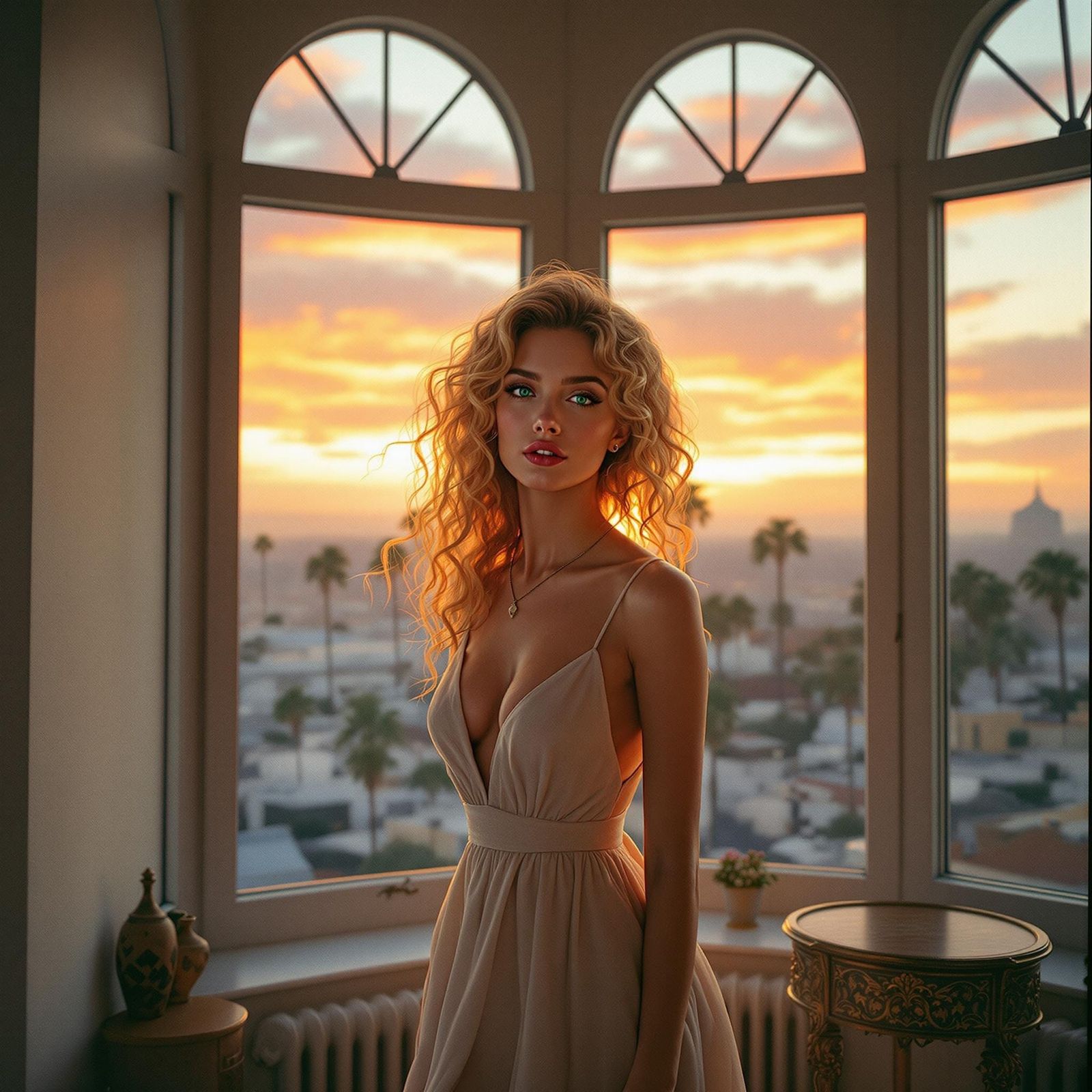 Woman in Elegant Cityscape at Sunset